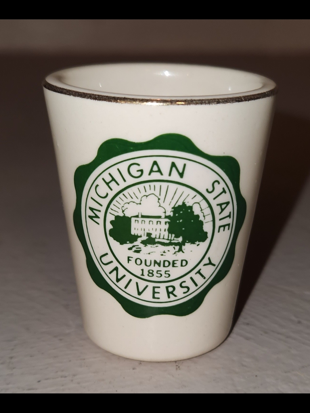 Vintage Michigan State University Shot Glass Ceramic MSU White Green Seal  USA